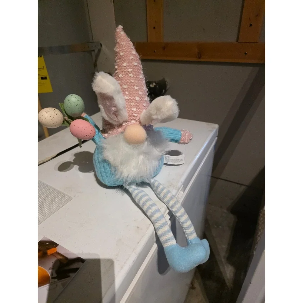 Easter Bunny Gnome Plush Shelf Sitter Pink Blue Striped Legs Speckled Eggs - Picture 1 of 4